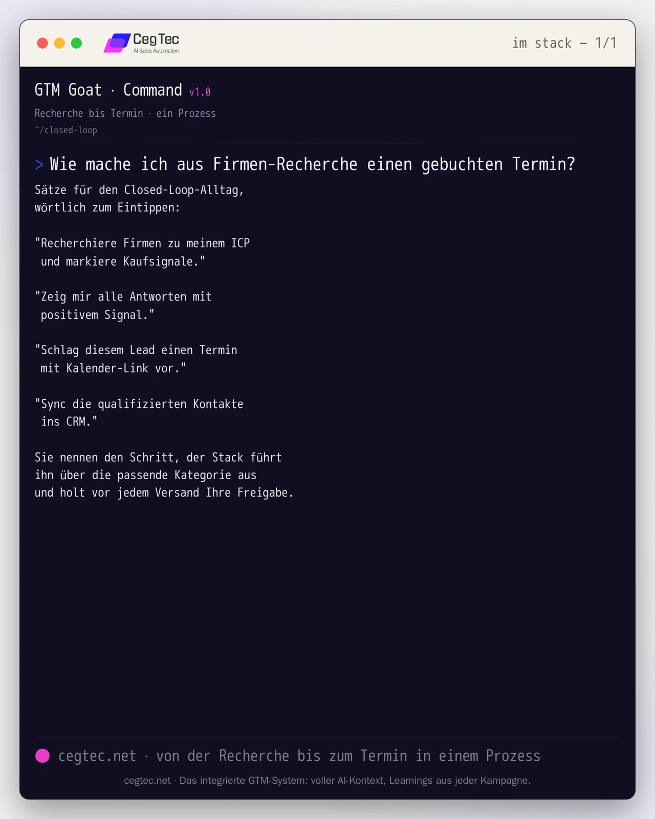GTM command example: running the closed loop from research to meeting across the stack