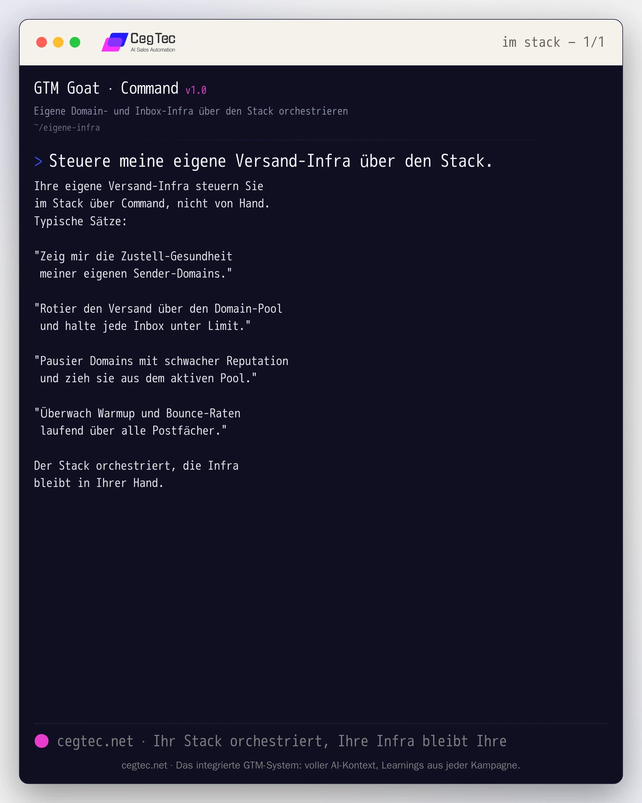 Prompt-Card: eine Orchestrierungsschicht steuert die eigene Domain- und Inbox-Infrastruktur ueber gesprochene Kommandos an, rotiert den Versand-Pool und ueberwacht Warmup und Bounce-Raten