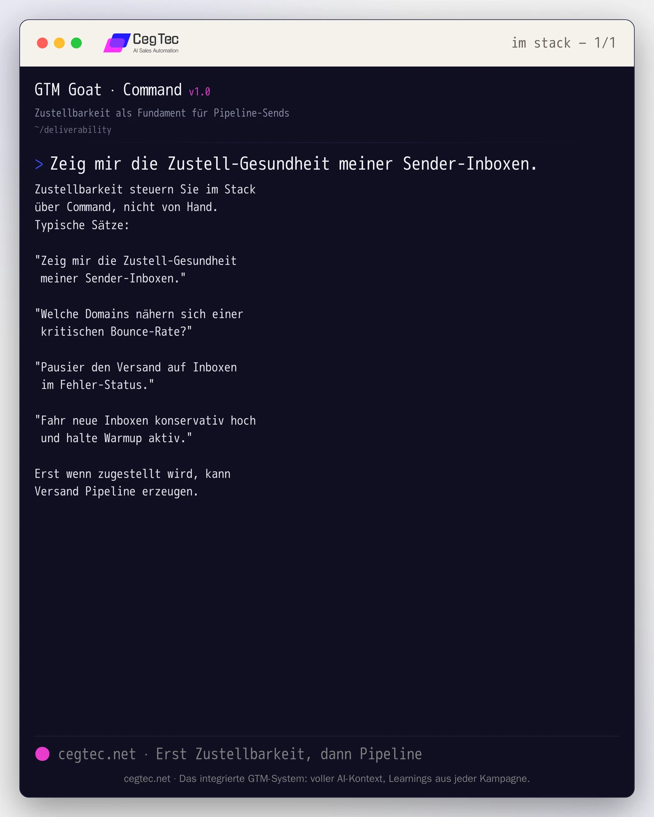 Prompt-Card: Zustellbarkeit im GTM-Stack über Command steuern, als Fundament für Pipeline-Sends