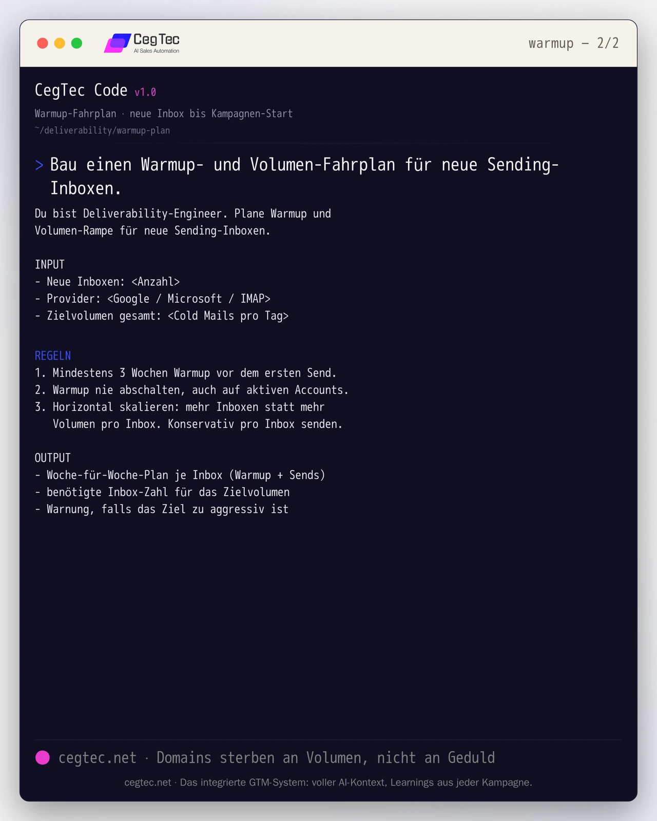 Prompt-Card: Warmup- und Volumen-Fahrplan für neue Sending-Inboxen