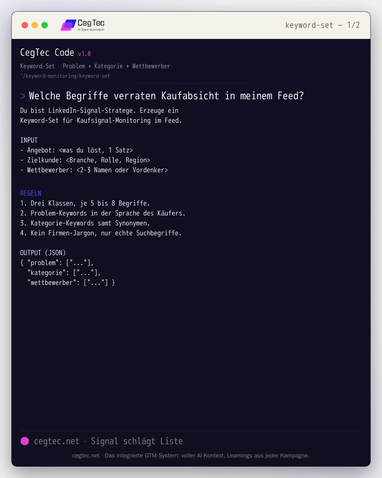 Prompt card: keyword set from problem, category and competitor terms