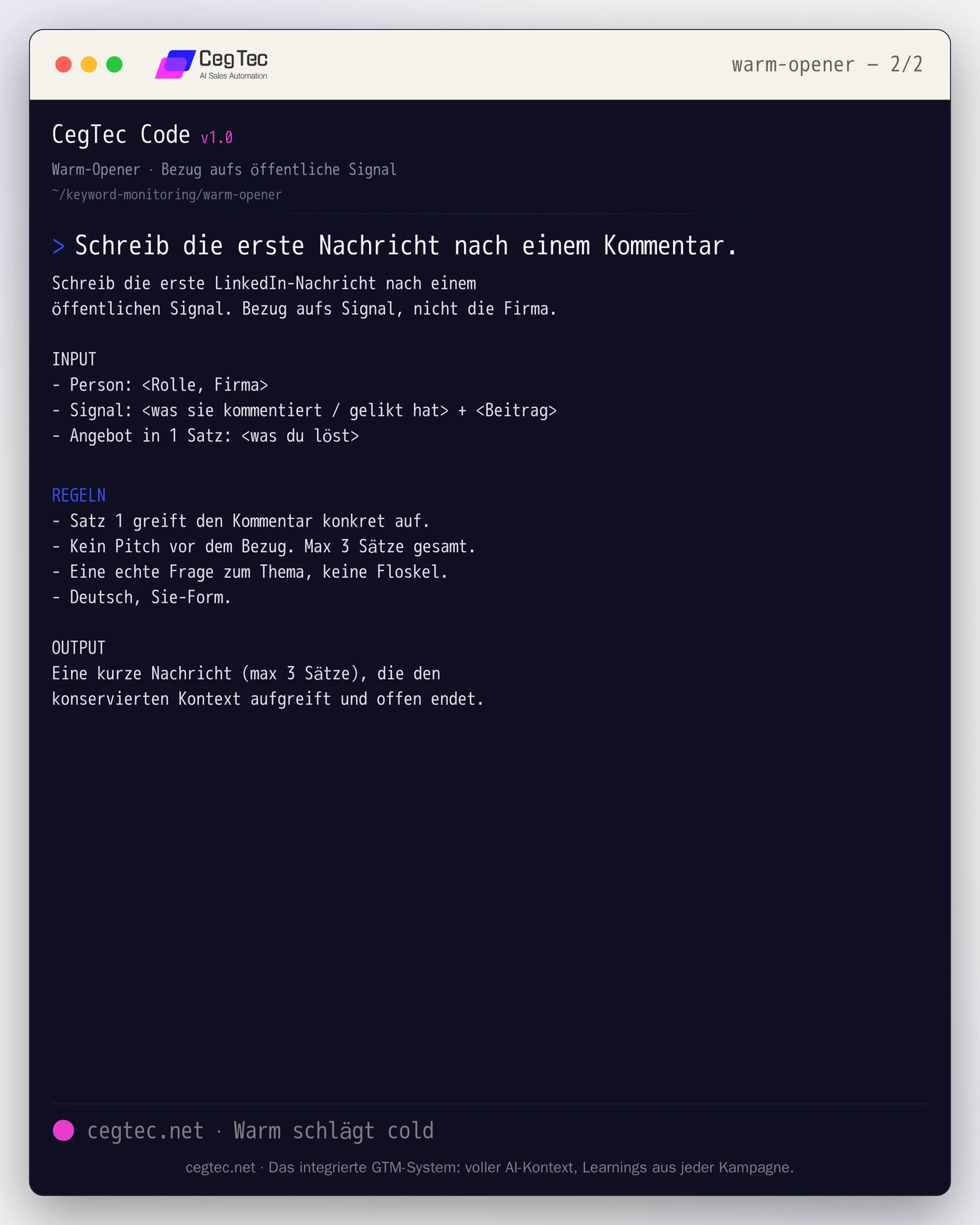 Prompt card: warm opener that ties the first message to the public signal