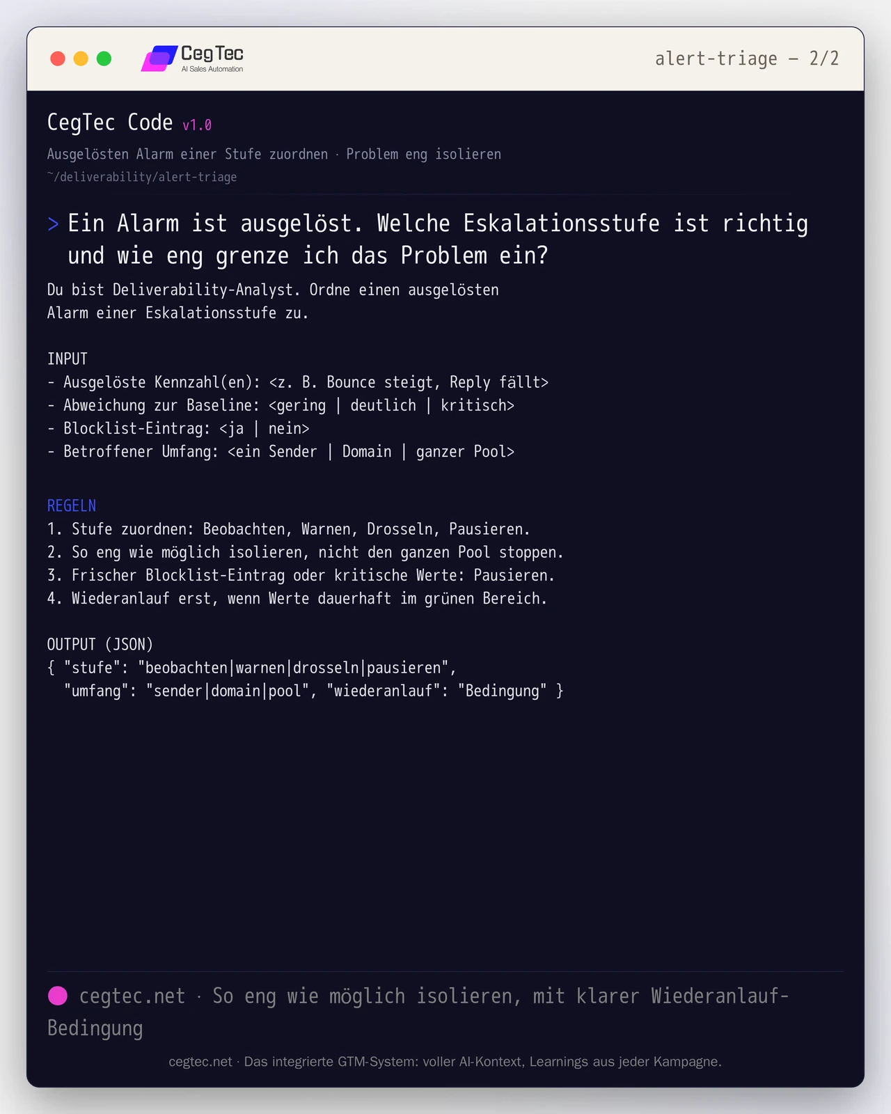 Prompt-Card: einen ausgelösten Deliverability-Alarm einer Eskalationsstufe zuordnen und das Problem eng isolieren