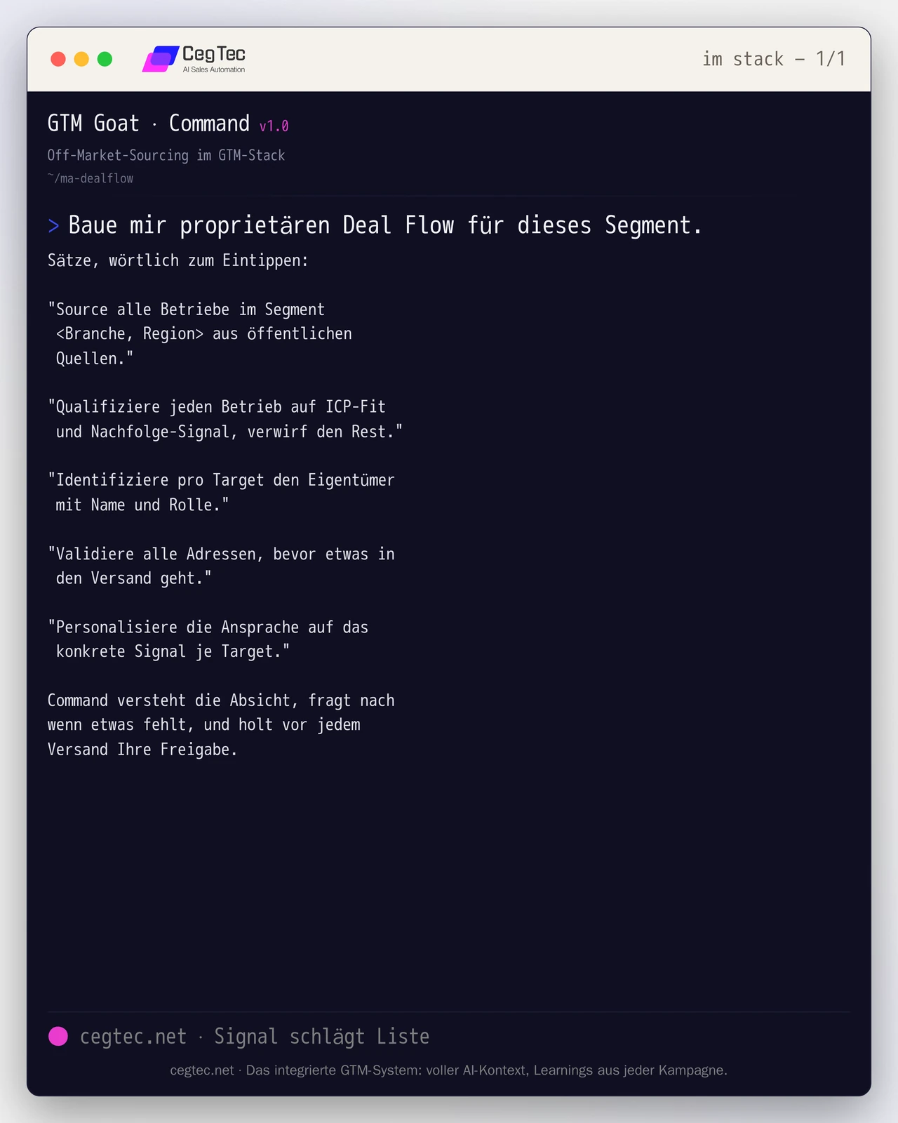 GTM Goat command card: off-market sourcing as command sentences in the GTM stack