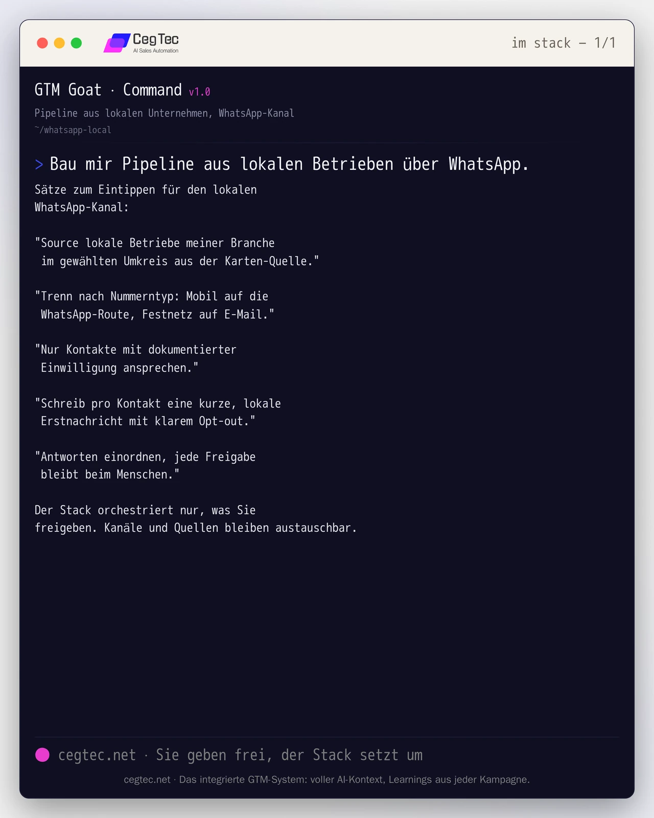 Prompt-Card: mit dem GTM-Stack Pipeline aus lokalen Betrieben über den WhatsApp-Kanal generieren, opt-in-konform und mit Human-Approval