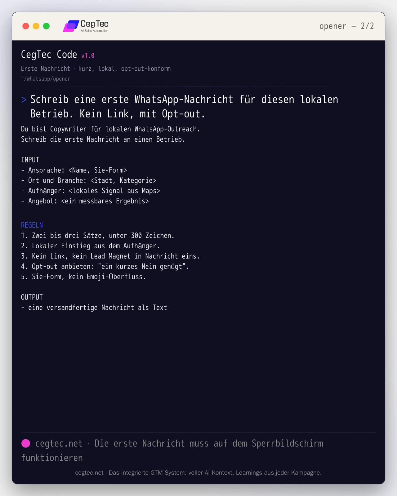 Prompt-Card: erste WhatsApp-Nachricht für einen lokalen Betrieb, kurz und opt-out-konform ohne Link