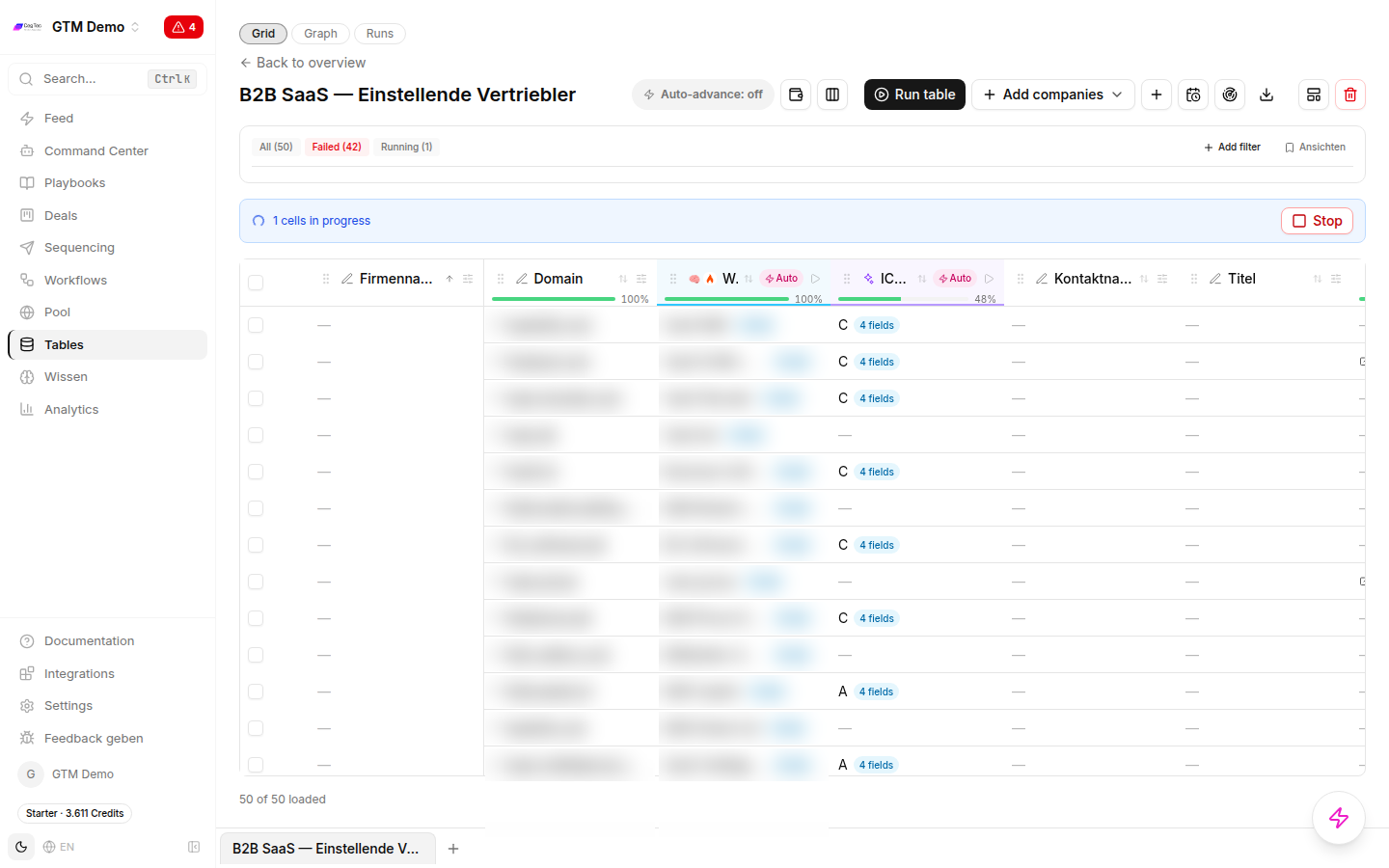 Lead table with 50 rows and the columns company name, domain, web research, ICP fit, contact name and title, each with per-column run progress