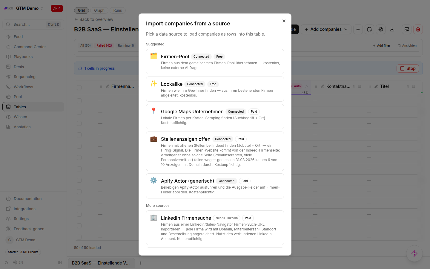 Dialogue for importing companies from a source, showing the options company pool, lookalike, Google Maps, job ads via Indeed and Apify Actor