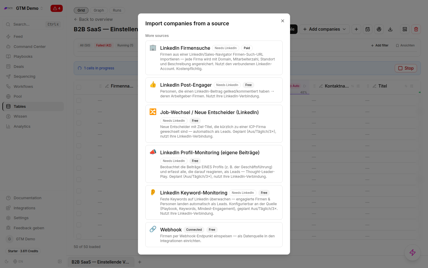 The same dialogue scrolled further down, showing LinkedIn post engagers, job changes and new decision-makers, LinkedIn profile monitoring, LinkedIn keyword monitoring and webhook