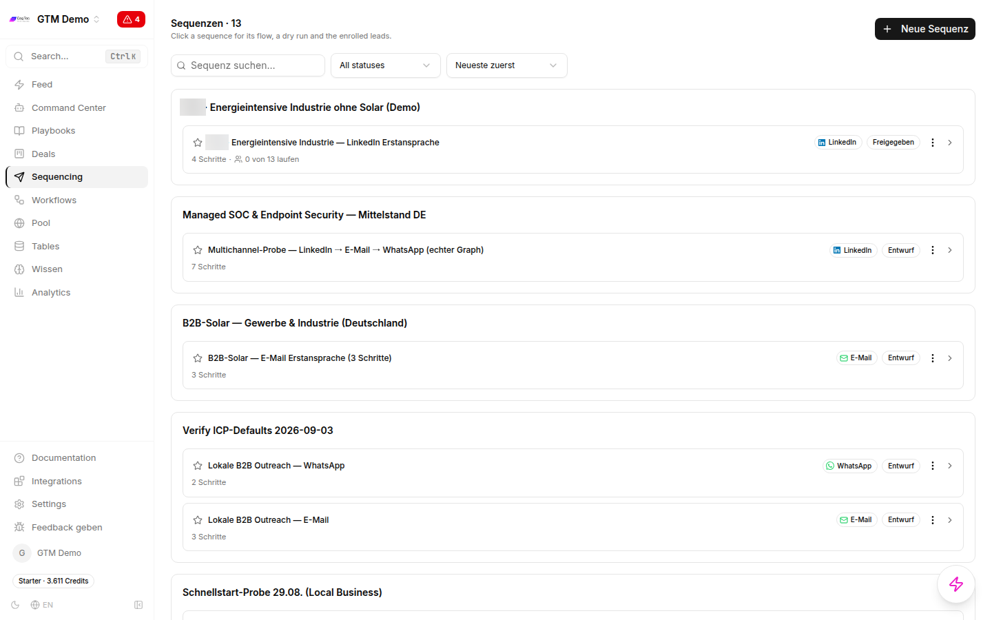 Sequencing view with sequences per playbook, channel badges and step counts