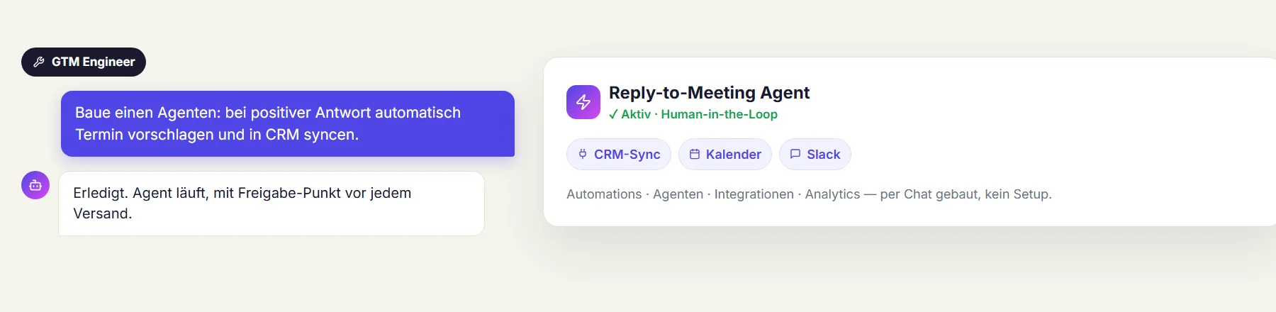 GTM Engineer: per Chat einen Agenten bauen — Automations, Integrationen und Analytics ohne Setup