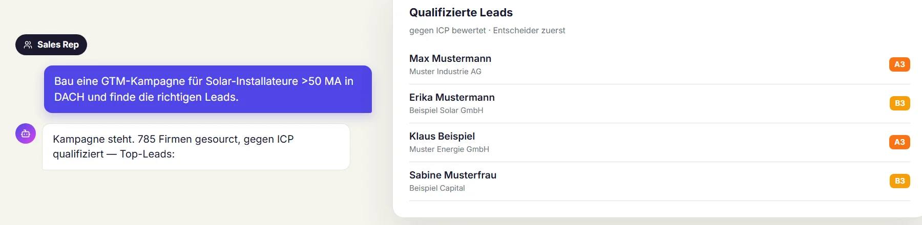Sales Rep: per Chat eine GTM-Kampagne bauen und gegen das ICP qualifizierte Leads finden